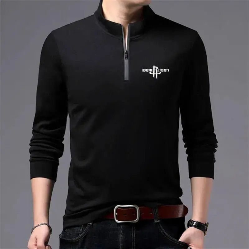 Business Casual Men Solid Zippers Polo Shirts Spring Autumn Male Clothes Long Sleeve Loose Stand Collar Fashion Versatile Tops 240824