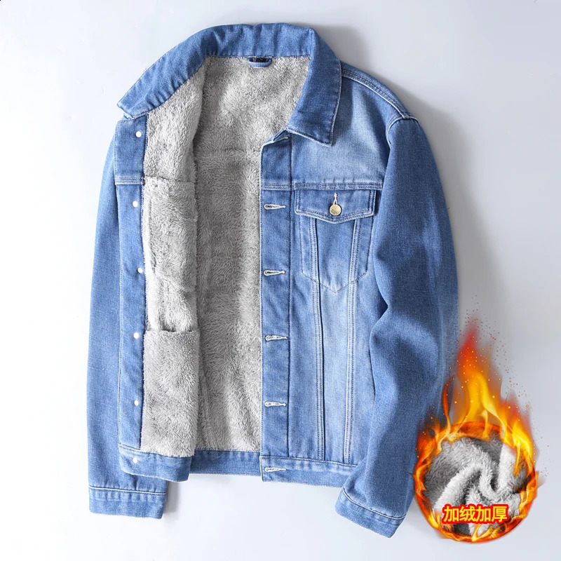 Mens winter denim jacket light blue warm mens wool lining thick Plus size 4xl 240824