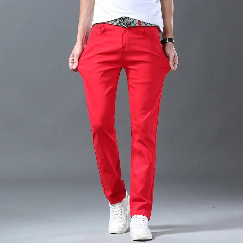 Men Classic Version Slim Stretch Trousers Clothing Red Straight Jeans Fashion High Quality Casual Denim Pants Male 36 40 240824