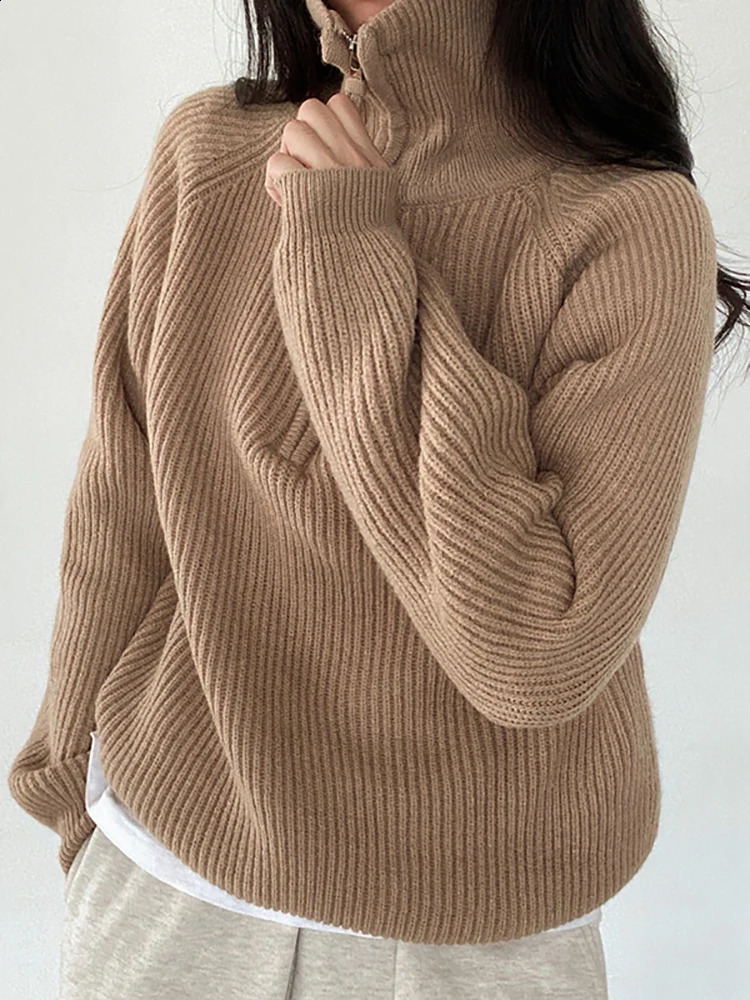 Korean Womens Sweater Loose Zippers Turtleneck Sweaters Warm Solid Pullover Knitwear Basic Female Tops Autumn Winter 240824