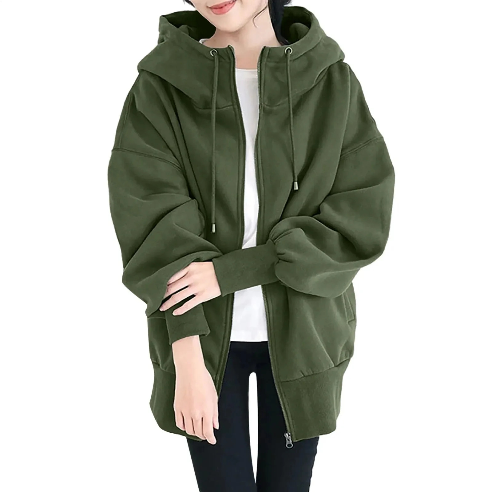 Oversized Loose Hoody Sweatshirts Casual Tie Collar Long Lantern Sleeve Solid Color Zip Up Hooded Coats Outwear JYFS-4451 240824