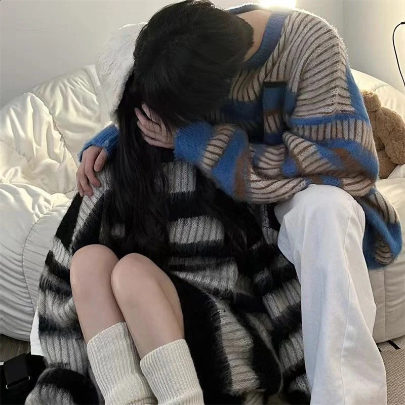 Rimcoy American Striped Couple Sweater Women Lazy Wind Round Neck Loose Sweaters Woman Y2K Long Sleeve Oversized Knitwear Female 240824