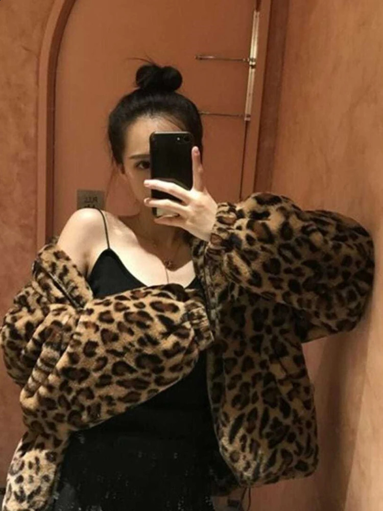 Leopard Fur jacket womens oversized plush coat winter warm fluffy retro party faux mink 240824