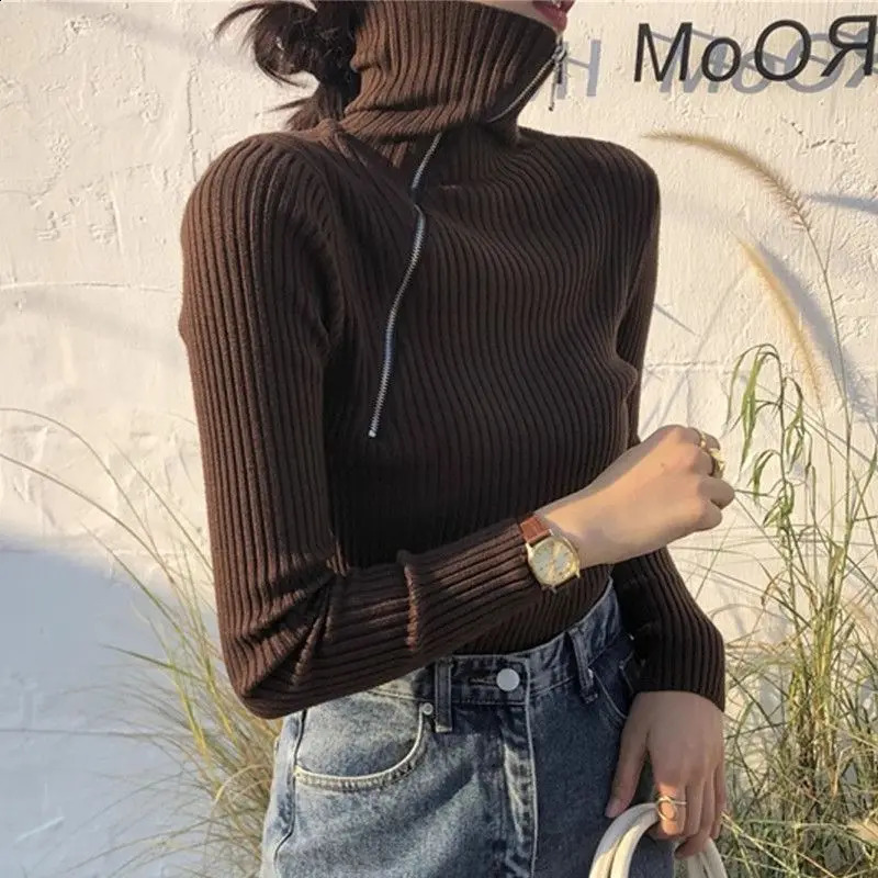 Autumn Winter Solid Color Pullovers Interior Lapping Long Sleeve Casual Undercoat Zipper Turtleneck Sweaters Womens Clothing 240824