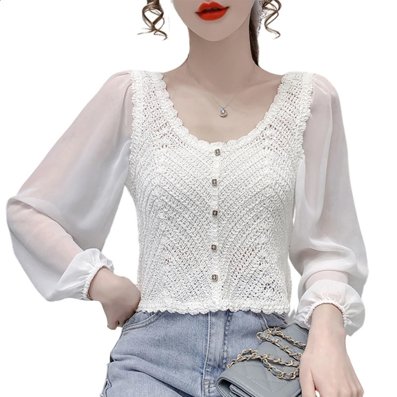 Women French Puff Long Sleeve Cropped Cardigan Neck Button Down Hollow Crochet Knit Solid for Jacket 240824