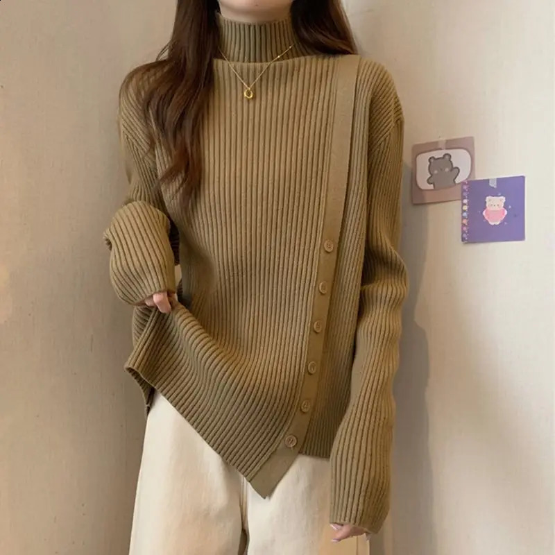 Autumn and Winter Womens Fashion Irregular Loose Half High Neck Long Sleeve Bottom Shirt Off Shoulder Knitted Sweater 240824