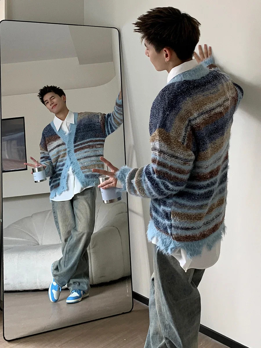 Vintagenichecasual Tie-dye Striped Sweater Jacket Unisex Loose-fit Knitted Cardigan Trendy Casual Wear V-neck Pullovers 240824