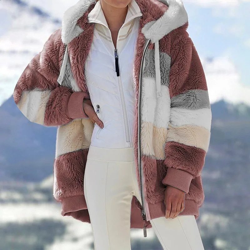 Winter Womens Plush Coat Fashion Hooded Zipper Jacket Casual Oversized Splicing Plain Knitted Artificial Fur Warm Parka 240824
