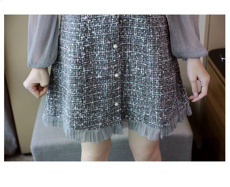 Autumn Ruffles chiffon Patchwork tweed Dress Female Elegant Bow Tie Long sleeve party Dress Vestido Robe Femme 240824