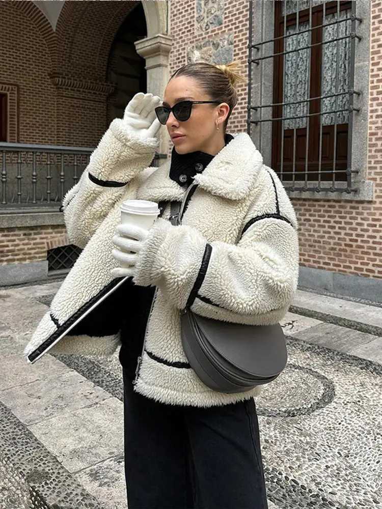 Jackets Fall/Winter Womens Womens Plush Zipper Jacket Solid Splicing Work Long Sleve Collar Motorcycle Jacket Fashion Womens Strt Warm Jacket Y24082