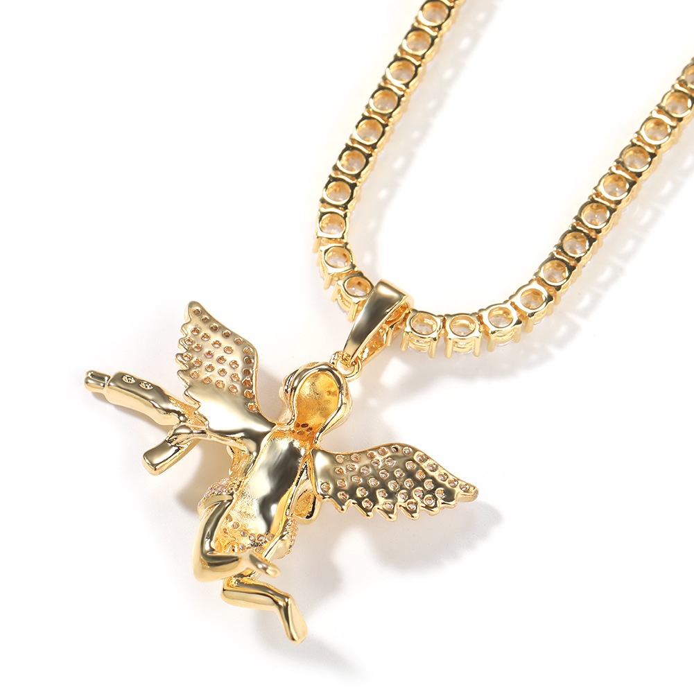 Hip Hop Revenge Angel with Gun Pendant Necklace Full Zircon Winging Angel Men Women Lover Couple Jewelry