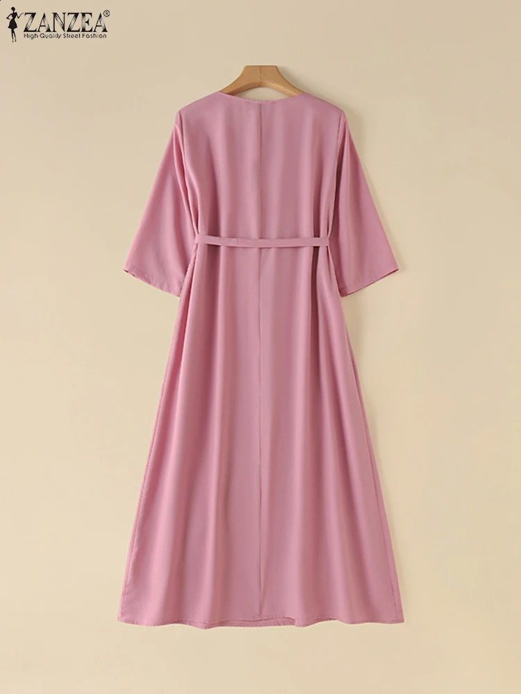 ZANZEA Fashion 3/4 Sleeve Long Vestido Vintage Solid Midi Dress Women Ruffled Buttons Stitching Robe Autumn Bandage Dresses 240824