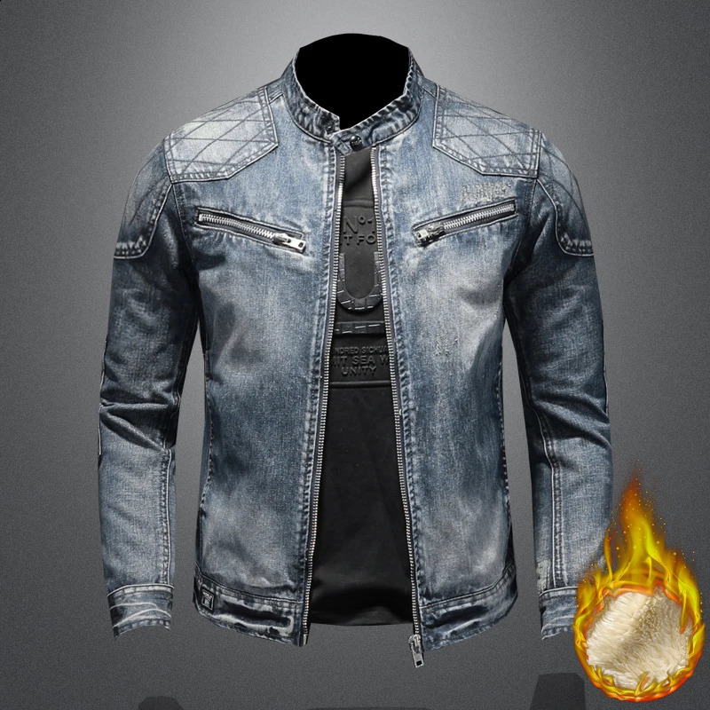 Mens wool thick street clothing denim jacket mens retro blue bomber with velvet windproof 240824