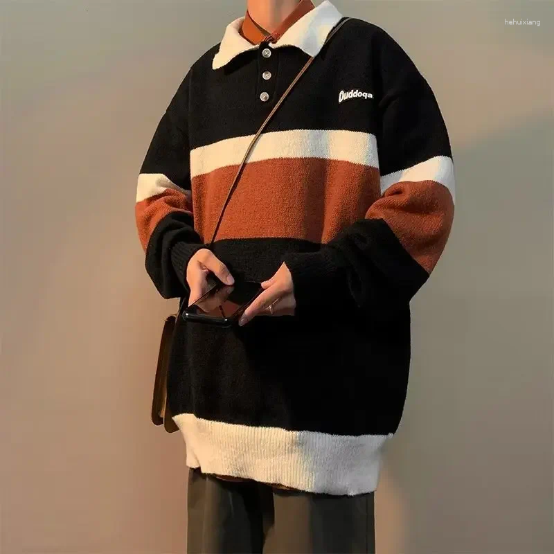Men's Autumn/Winter Striped Sweater: Vintage Polo Neck Pullover