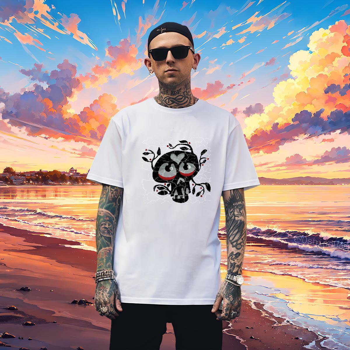 Cool T shirt 230g 100% Cotton skull Spring Summer Plus Size Cartoon Short Sleeve Soft Men Tees Fashion Clothes