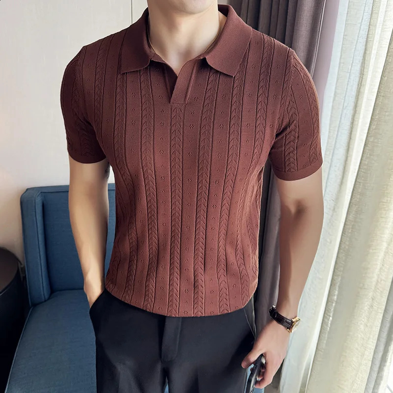 Mens V-neck POLO Shirt Summer Hollow Striped Jacquard Solid Color Casual Short Sleeve knitted T-shirt Mens Clothing 240824
