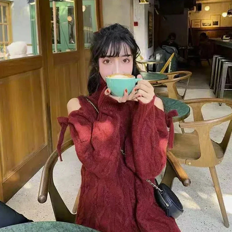 GIDYQ Christmas Off Shoulder Turtleneck Sweater Women Fashion Twist Long Sleeve Jumper Wine Red Year Loose Knitwear Winter 240824