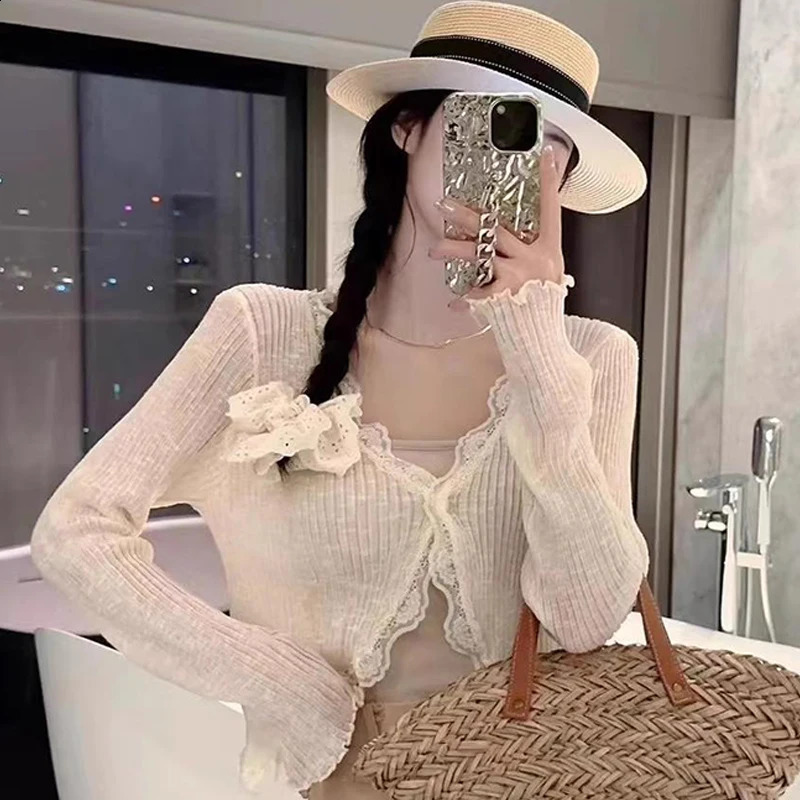 Summer Korean Womens Solid Color Lace V-neck Long Sleeve Knitted Sunscreen Cardigan 240824