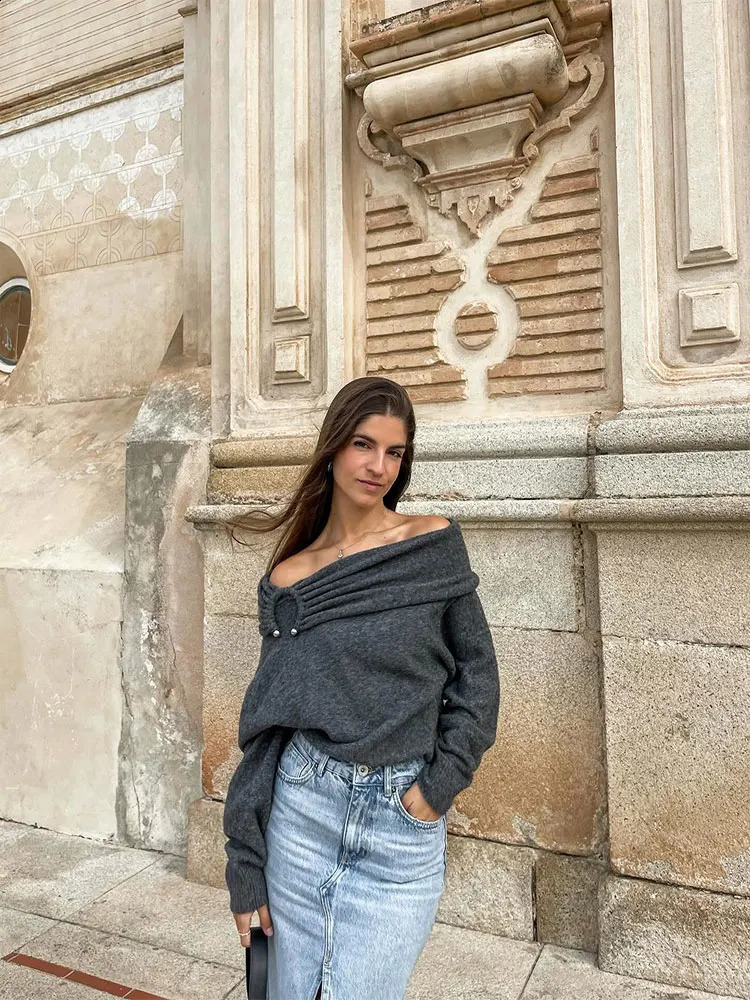 Elegant Slash Neck Off Shoulder Women Knitt Sweater Fashion Simple Long Sleeve Pullovers Autumn Winter Streetwear Lady Sweater 240824