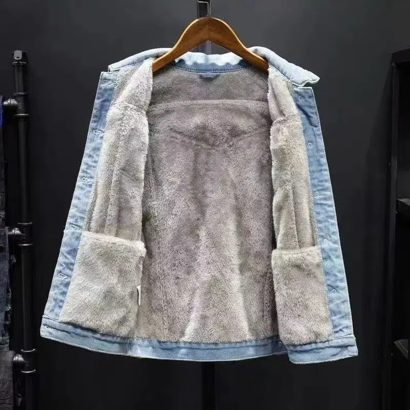 Wool thickened denim jacket mens autumn and winter lamb wool casual streetwear warm 240824