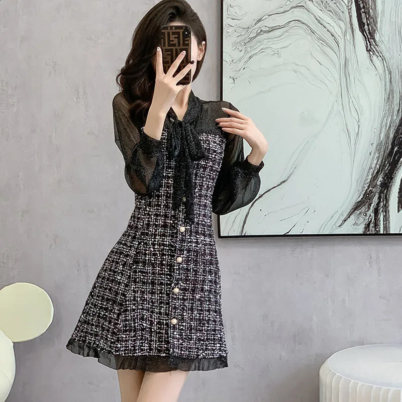 Korean Small Fragrant Tweed Dress Sweet Tie Long Sleeve Patchwork Single Breasted Casual Dresses Vintage Clothes For Woman 240824