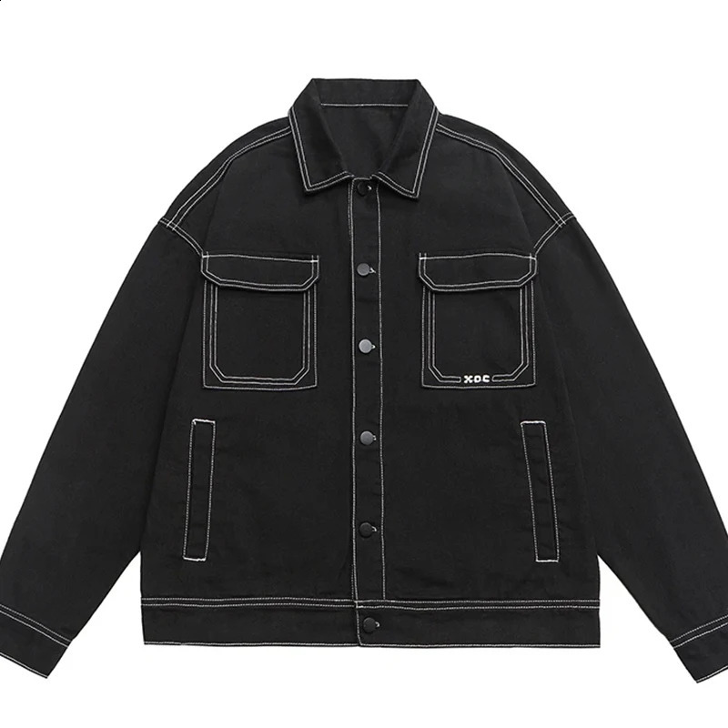 contrasting color drop shoulder denim jacket mens black and white fashionable large pocket couple Harajuku Plus size M5XL 240824