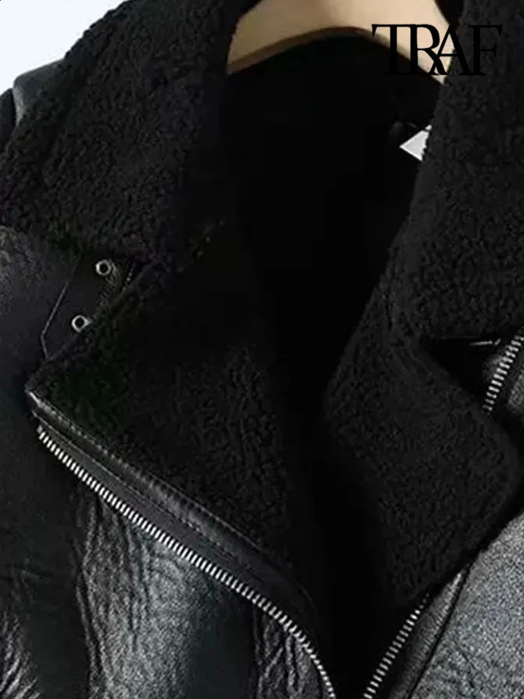 TRAF Womens Thick Warm Winter Fur Artificial Leather Oversized Jacket Long Sleeve Wear Fashion Top w240824