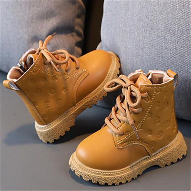 Kids Baby Martin Boots Pu Leather Winter Plus Velvet Shoes Fashion Embossed Side Zipper Children Boys Girls Snow Boots