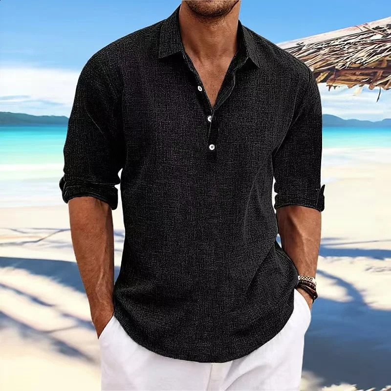 Men Solid Long Sleeve Linen Polo Shirts Spring Summer Casual Turn-down Collar Buttoned Pullover Tops Loose Tees Shirt For Men 240824