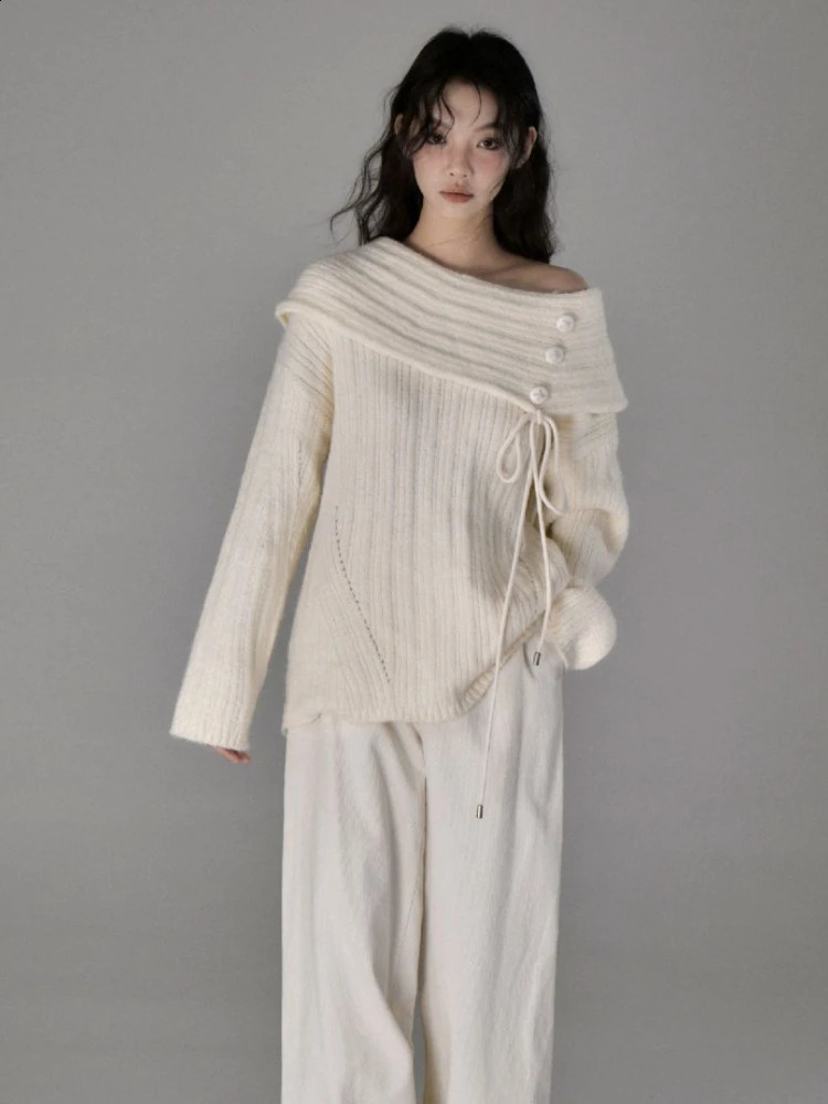 Y2k Aesthetic Solid Sexy Off Shoulder Sweater Women Vintage Harajuku Bandage Knitted Jumper Fairy Grunge Casul Loose Pullover 240824