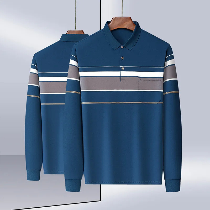 Autumn Cotton Polo Shirt Men Long Sleeve Striped Men Clothing Loose Fit Casual Golf Shirt Korean Business T-shirts 240824