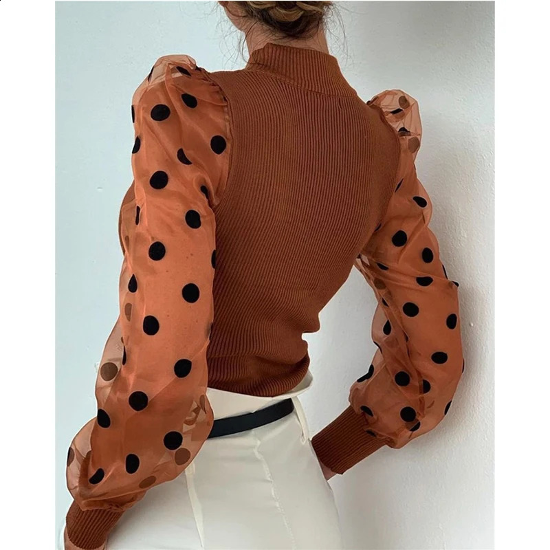 Meihuida Autumn Winter Women Polka Dot Knitted Sheer See-through Translucent Long Puff Sleeve Sweater Blouse Shirts 240824