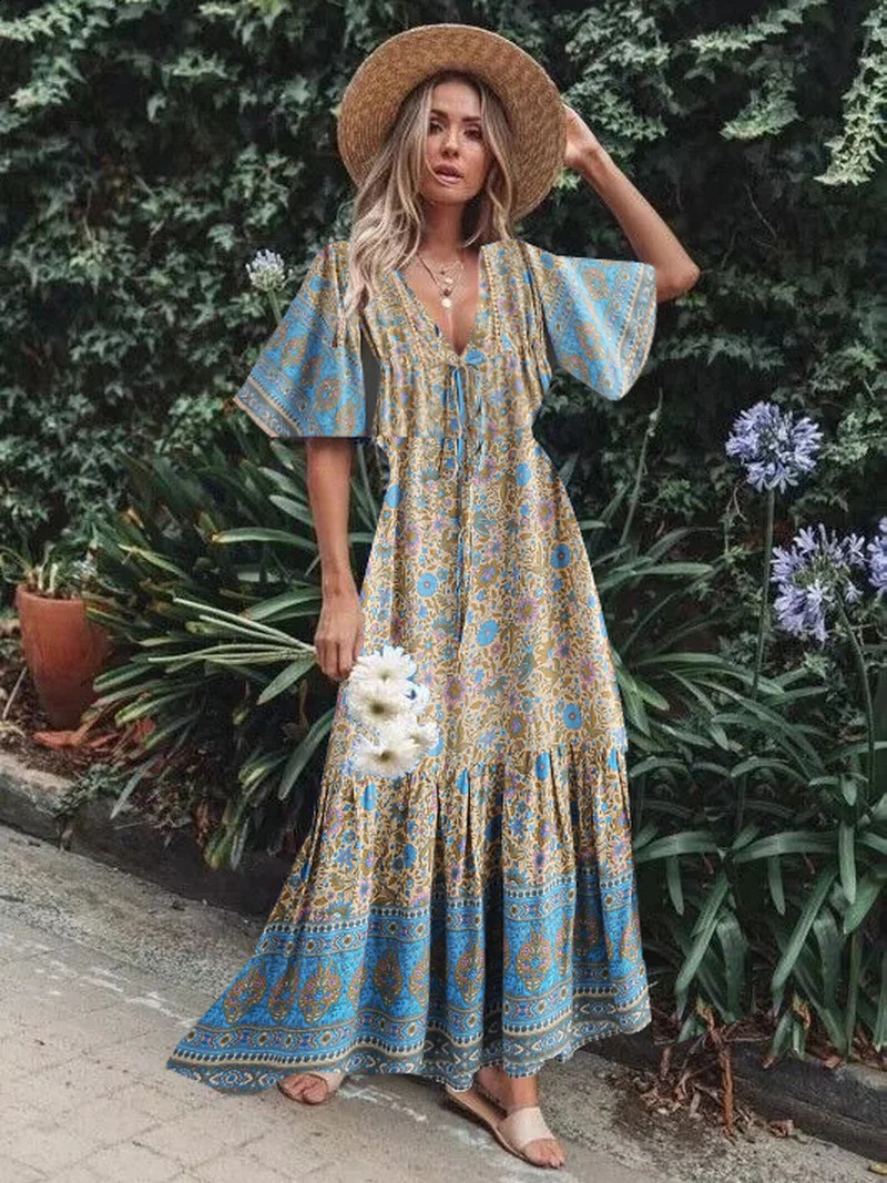 Vintage Chic Women Floral Print Batwing Sleeve Beach Bohemian Maxi Dresses Robe Ladies V-neck Summer Boho Dress Vestidos 240824