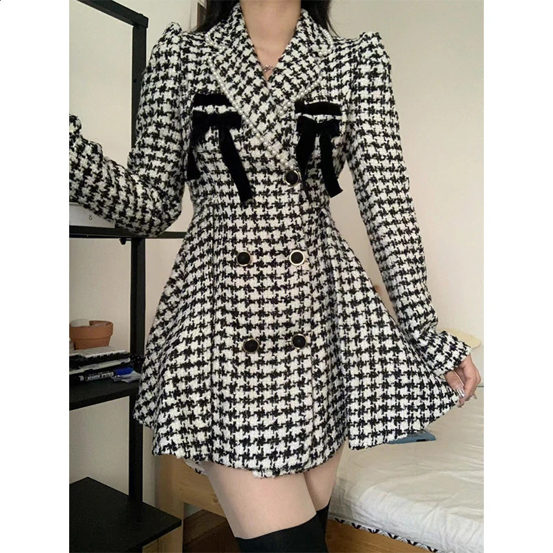MEXZT Vintage Bow Mini Dress Women Elegant Party Houndstooth Tweed One Piece Dresses Winter Kawaii Korean Bodycon Vestidos 240824
