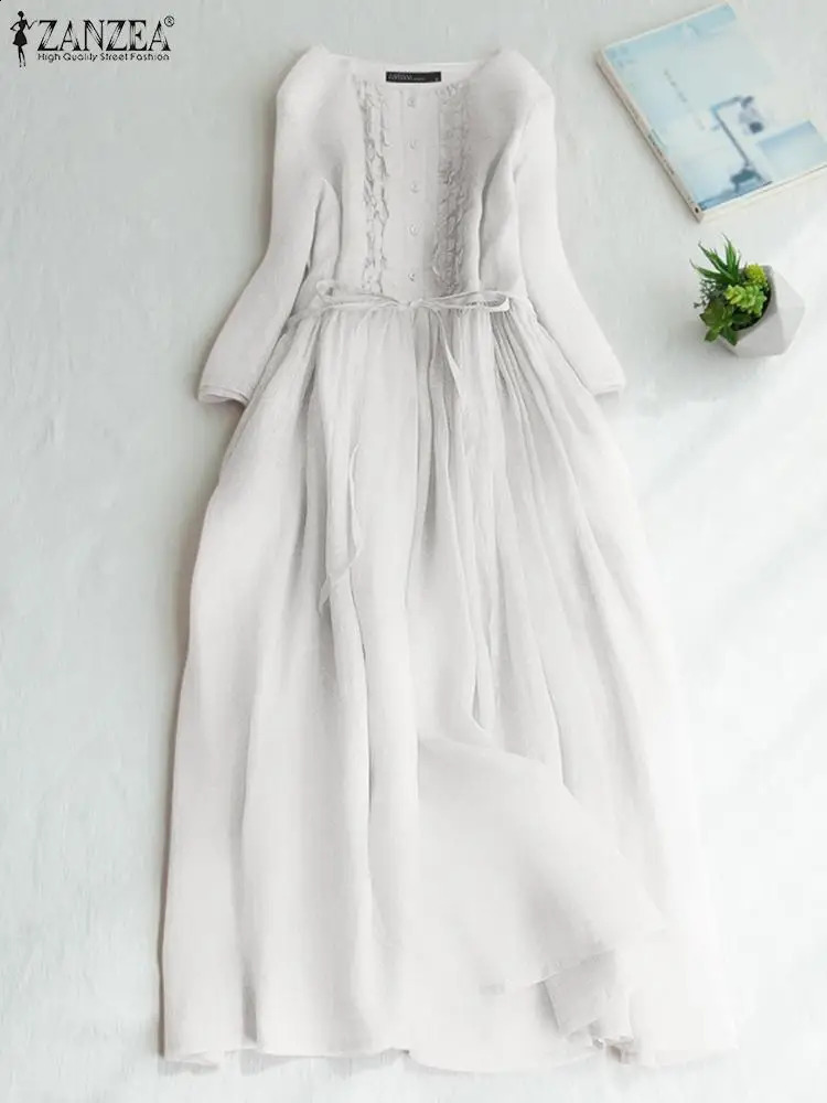 ZANZEA Fashion 3/4 Sleeve Long Vestido Vintage Solid Midi Dress Women Ruffled Buttons Stitching Robe Autumn Bandage Dresses 240824