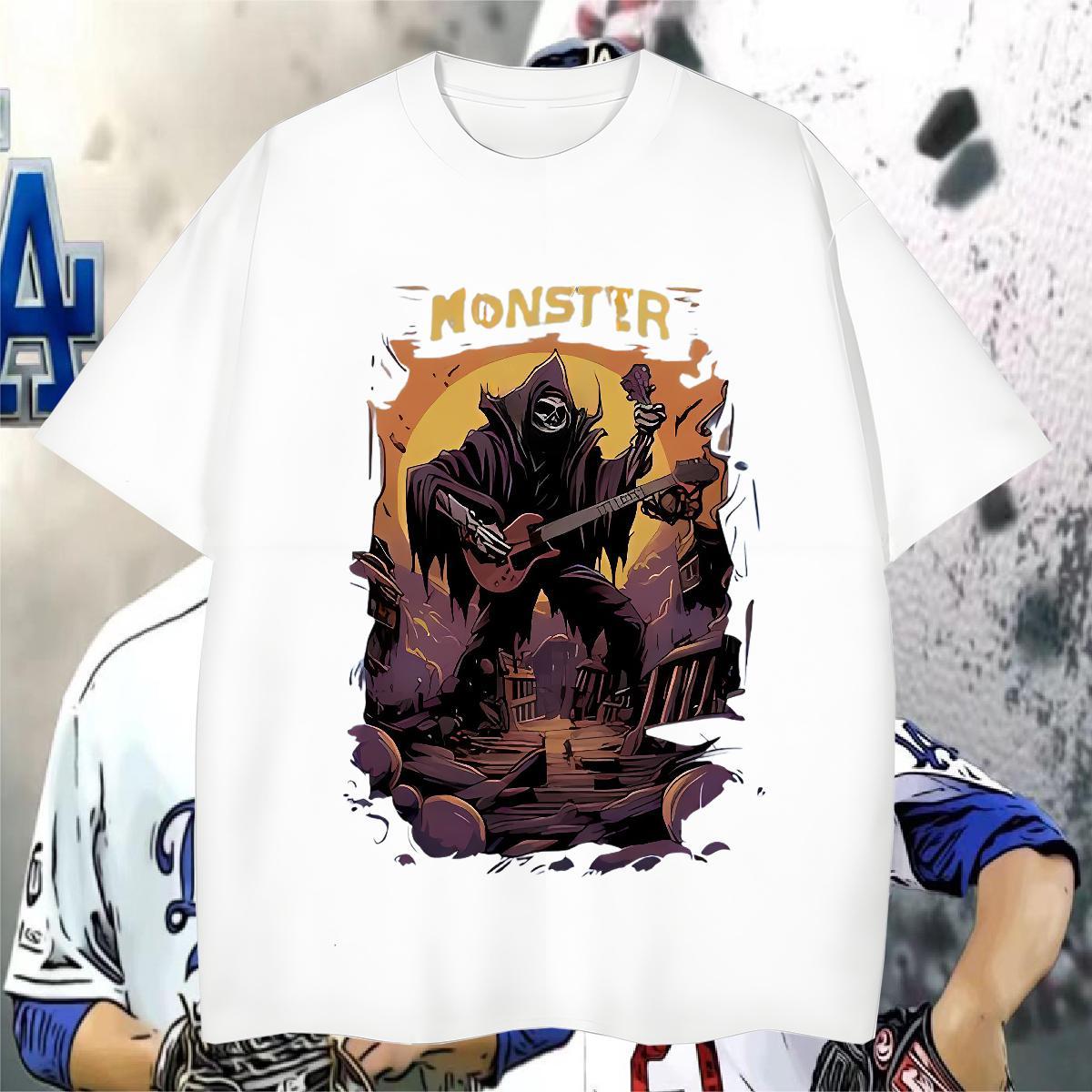 High Quality T Shirts Men 230g Cotton guitar Daily Outfit Floral Print Breathable Short Sleeve Men Tshirts 2024 New Wear