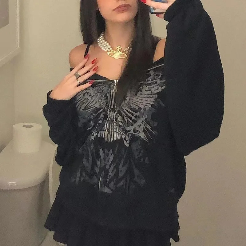 Gothic Darkly Zipper Hoodies Y2k Retro Skeleton Butterfly Sweatshirt Men Women Hip Hop Fashion Autumn Oversized Hoodie Jacket 240824