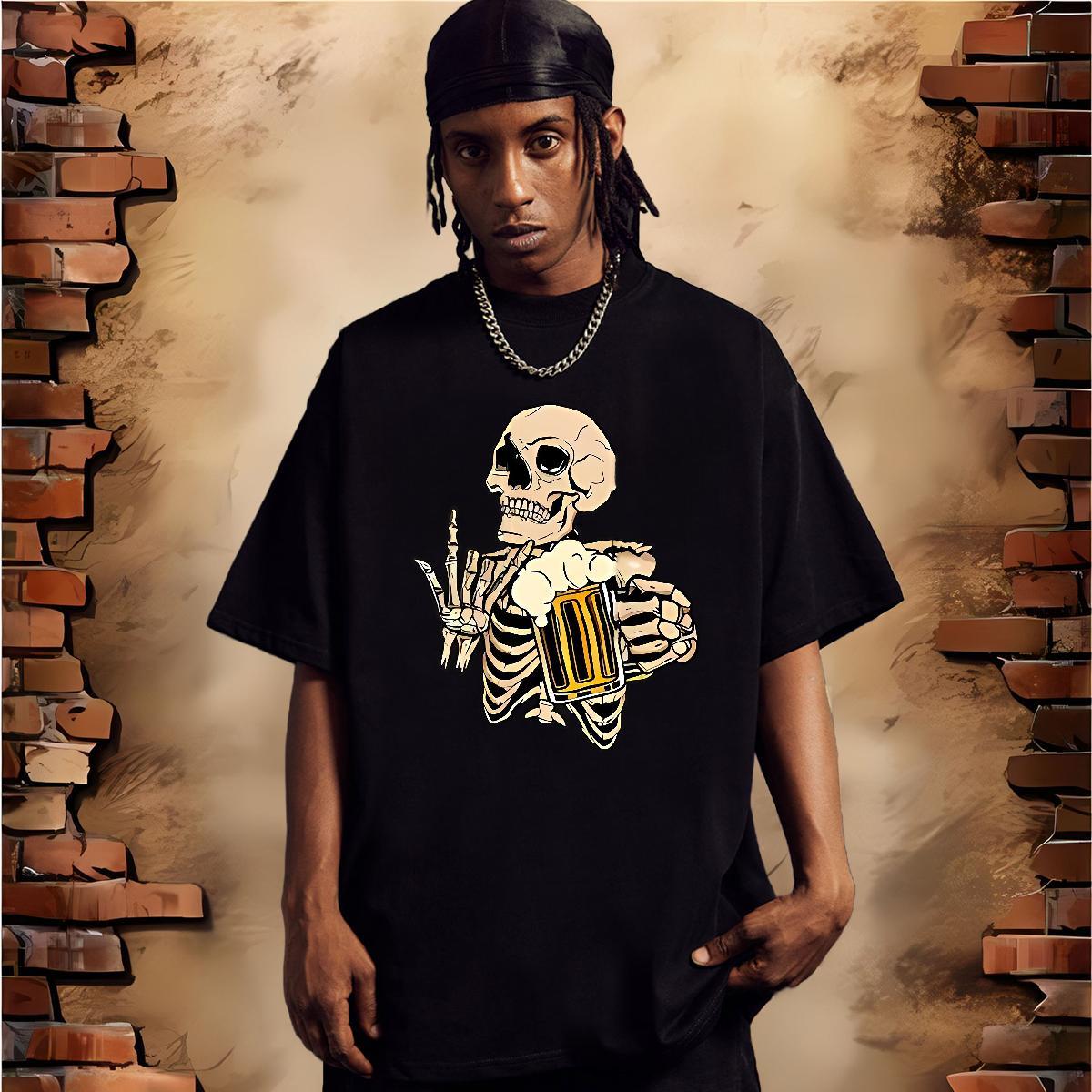 High Quality T Shirts Men 100% Cotton 230g skull Casual Beach Black White Crew Neck Men Tshirts Fashion Polos