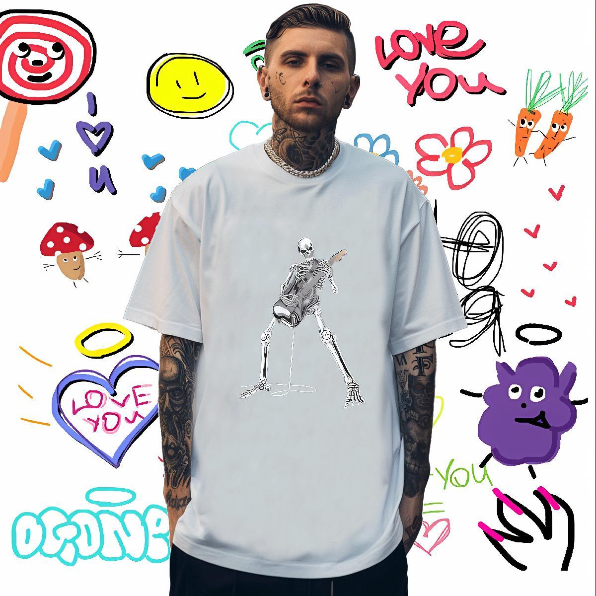 Loose Fit Mens T Shirts 230g 100% Cotton skull Street Wear Custom Print Plus Size O-Neck Short Sleeve Tshirts New Clothings