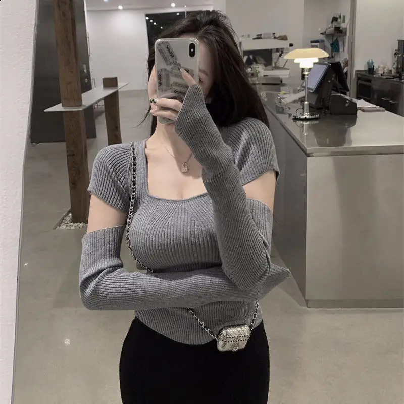 Sexy Cropped Pullovers Tops Womens Clothing Pull Femme Square Collar Tunic Knitwear Jumper Korean Fashion Knit Sweater 240824