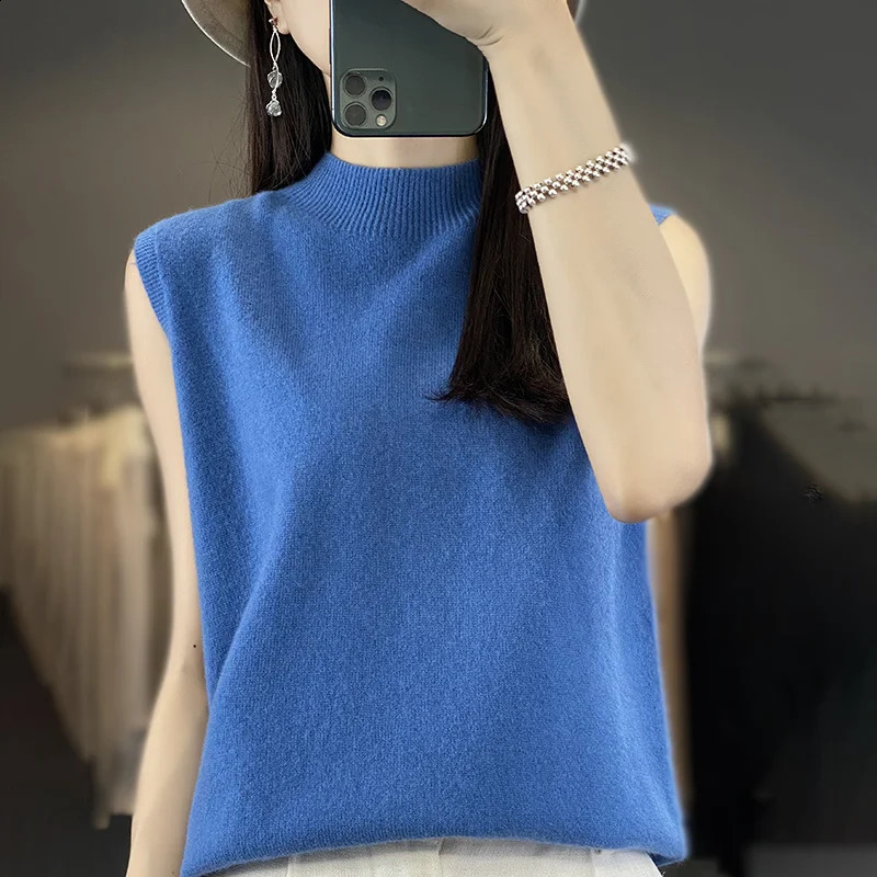 Womens T-shirt Spring/Summer Pure Wool Tank Top Womens Half High Neck Knitted Pullover Sleeveless Vest Kam Shoulder 240824