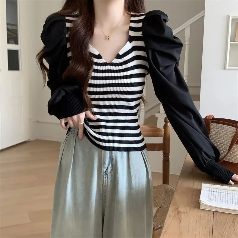 French Style Temperament V-neck Long Sleeved Knitted Sweater for Womens Spring Autumn Slim Fit Bubble Sleeve Base T-shirt Top 240824