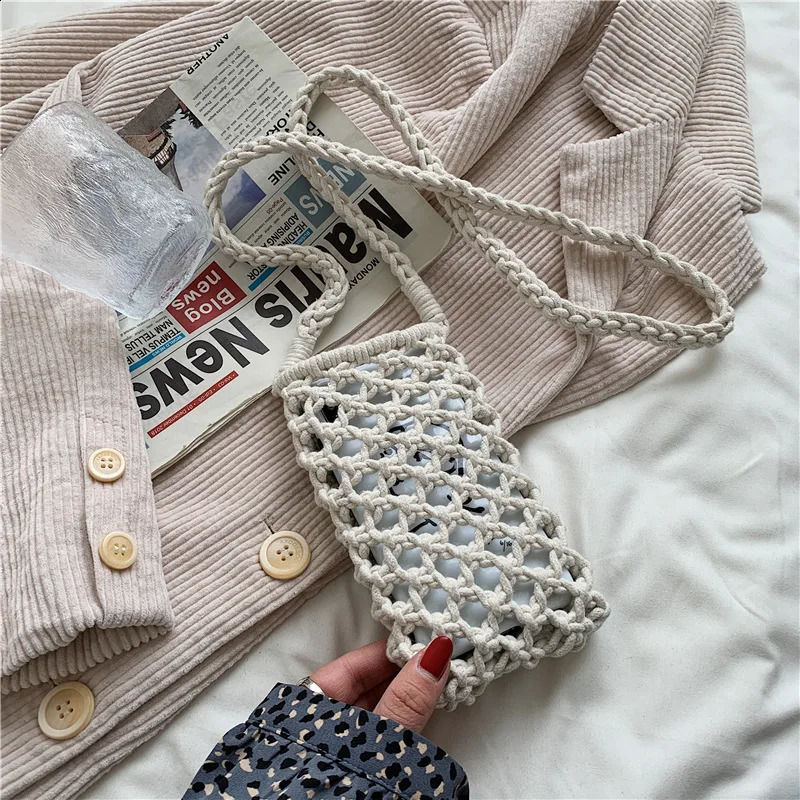 Women Fashion Small Crossbody Phone Bag Solid Color Hollow-out Woven Crochet Lightweight Braided Shoulder Handbag 240824