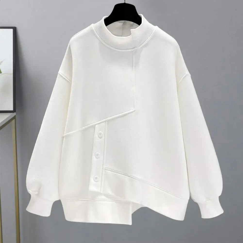 Women Autumn Winter Solid Sweatshirt Half High Collar Long Sleeve Irregular Hem Pullover Tops Buttons Decor Tops Streetwear 240824