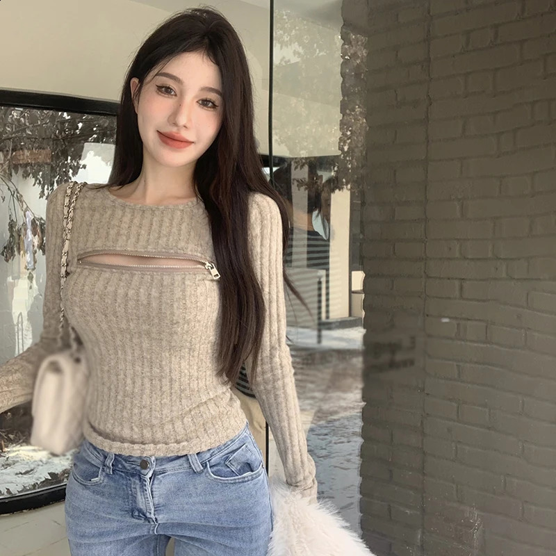 Autumn Women Sexy Hollow Out Knitted Cropped Sweater Pullovers Y2K Club Zipper Knitwear Long Sleeve Slim Jumper Streetwear 240824