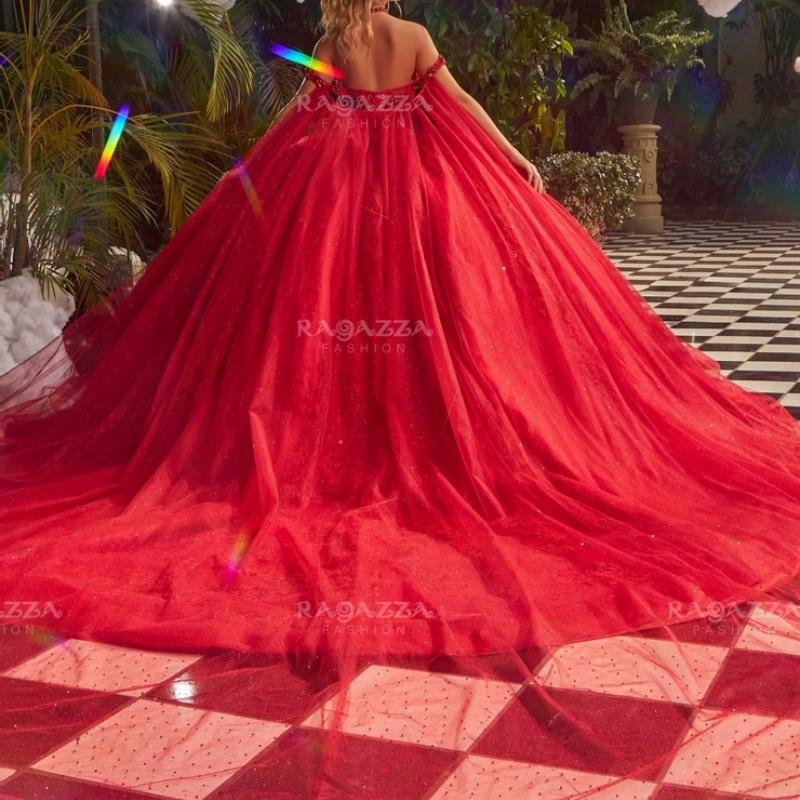 Red Shiny Quinceanera Dressess 2024 With Cape Applique Lace Beads Crystal Ball Gowns Sweet 16 Dress Vestidos De 15 Anos