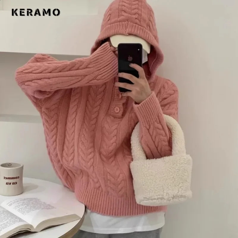 Winter Casual Knitting Long Sleeve Round Neck Hooded Pullovers For Women Vintage Solid Color Knitwear Sweater Retro Top 240824
