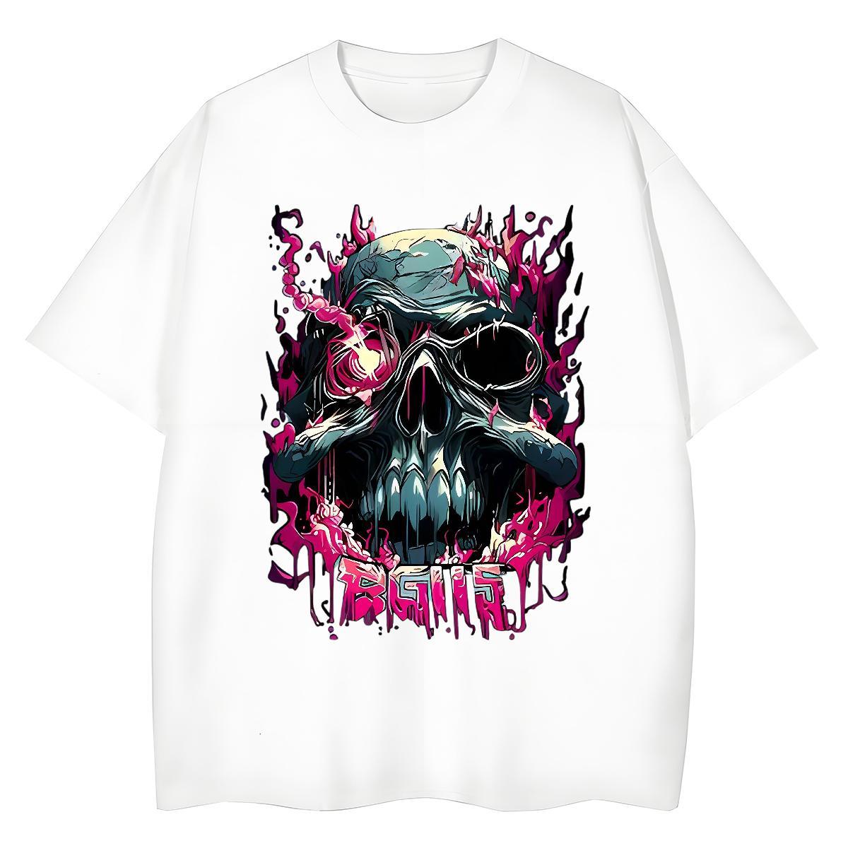 High Quality T-Shirts for Men 230g 100% Cotton skull High Street Hip Hop White Plus Size Short Sleeve O-Neck Couples T Shirts Fashion Clothings