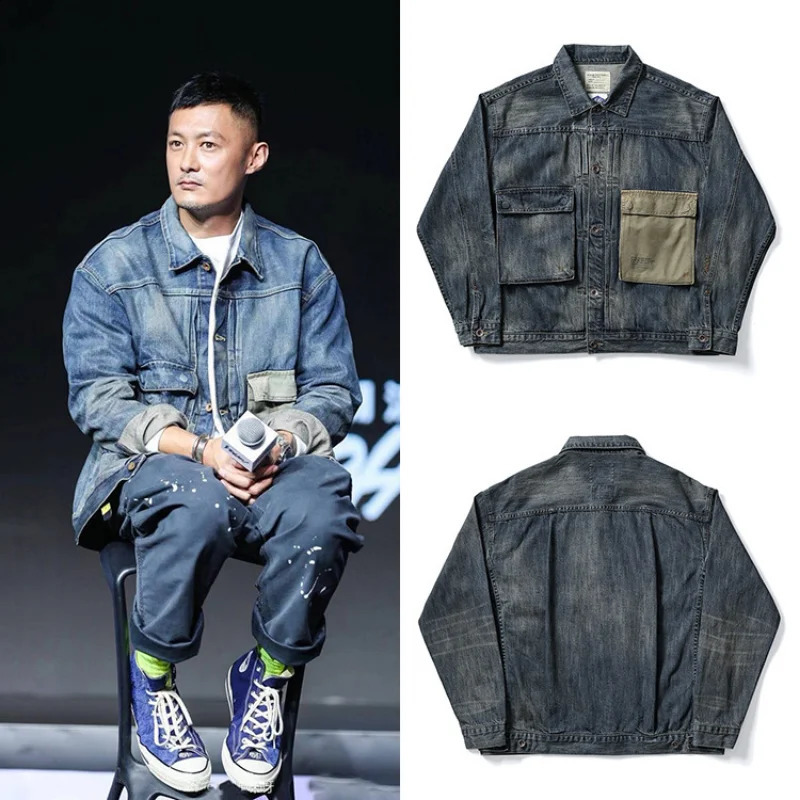 Mens denim jacket solid casual collar 3D decal work pocket fashionable cotton loose mens Chaquetas Vaqueras 240824