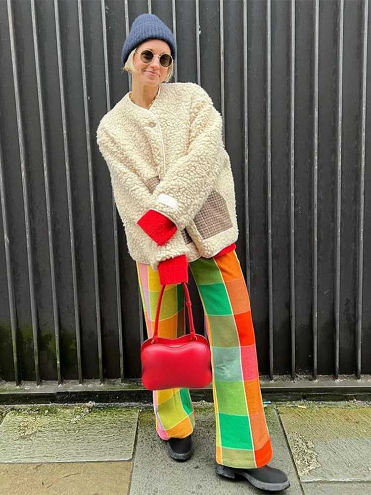 Women's Jackets Fashion Patchwork Packet Lamb Wool Warm Coat Chic O Neck Single Breast Long Slve Cotton Jacket 2024 New Lady Commuting Outwear Y2